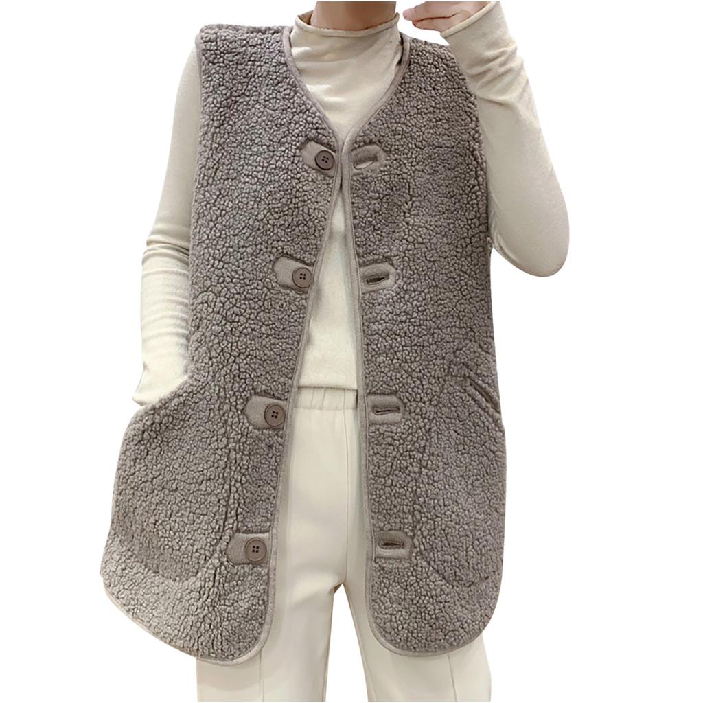 Women Pocket Vest Coat  Jacket Winter Sleeveless Fleece Button Solid Outerwear