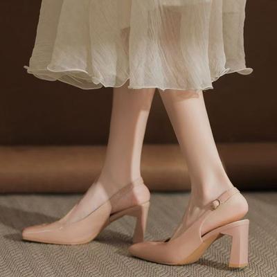 Модные Толстые Высокие Каблуки Летняя Обувь Крутой Темперамент Однотонные Туфли Мягкая Кожа Закрытый Носок Сандалии Женские