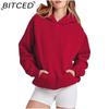 Loose Casual Sleeved Hooded Solid Color Fleece Hoodie for Women