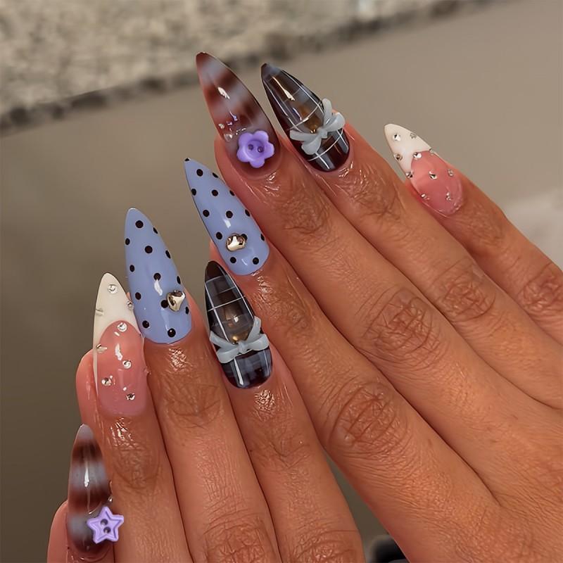 Long Wearable Press-On Nails With Blue Polka Dot Ballet Design Floral Women