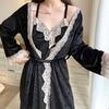 Autumn Winter Velvet Female 3PCS Pajamas Set Sexy Lace Trim Bathrobe Trouser Suits Loose Casual Velour Home Clothes Lounge Wear