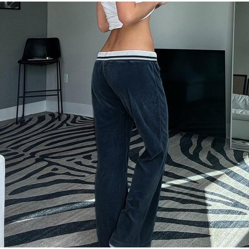 Повседневные брюки из синего бархата, уличные прямые брюки с шитьем, винтажные свободные женские брюки с завязками и низкой талией, базовые, весна-осень 2025 г.