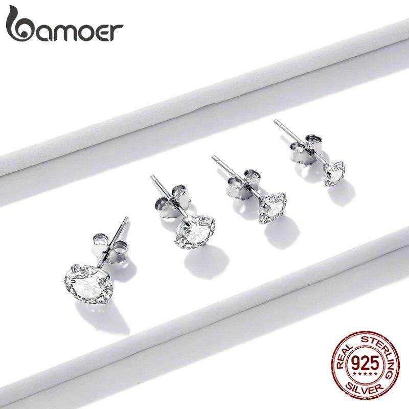 BAMOER CZ Stud Earrings 925 Sterling Silver Platinum Plated Round Cubic Zirconia Hypoallergenic Earrings 4mm 5mm 6mm 7mm