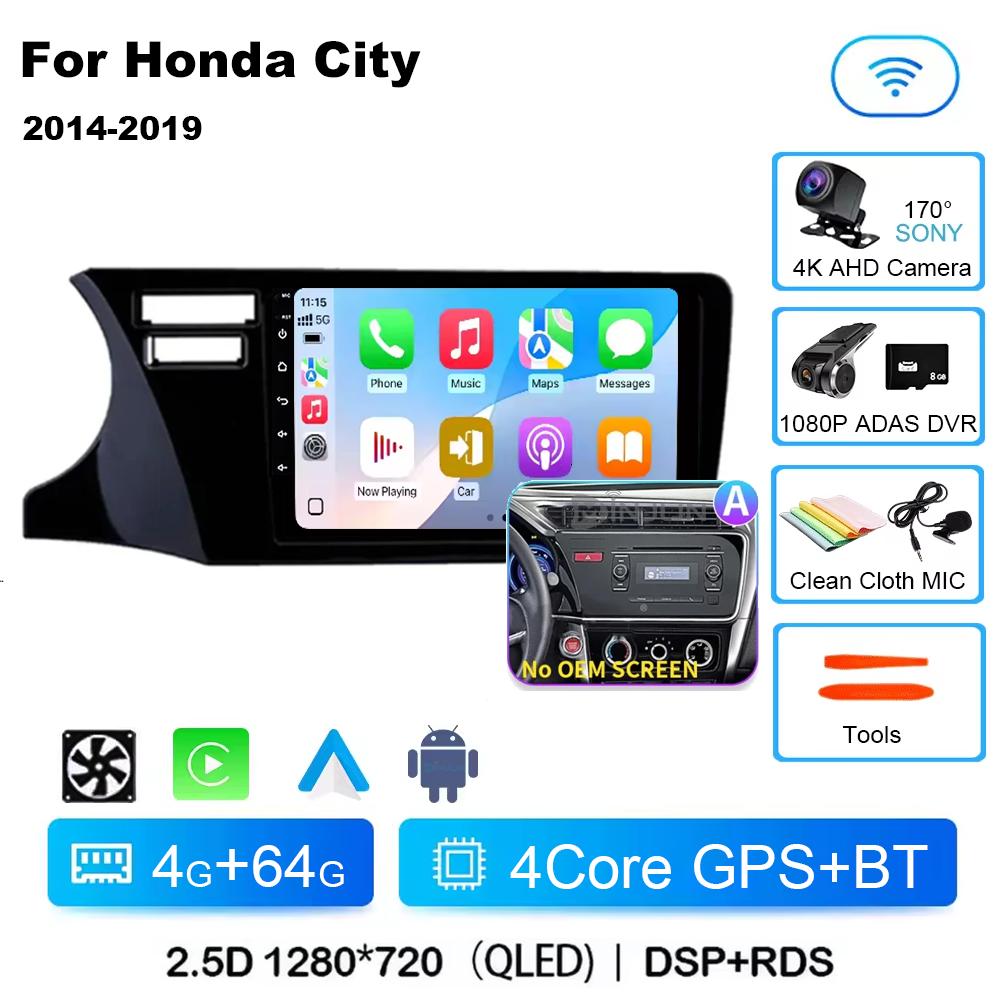 Для Honda City 2014 2015 2016 2017 2018 2019 Android 14 Qualcomm Car Radio GPS Navi QLED Screen Car Player WIFI BT 4G Головное устройство