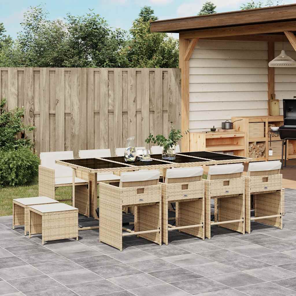 13 piece Garden Dining Set with Cushions Beige Poly Rattan