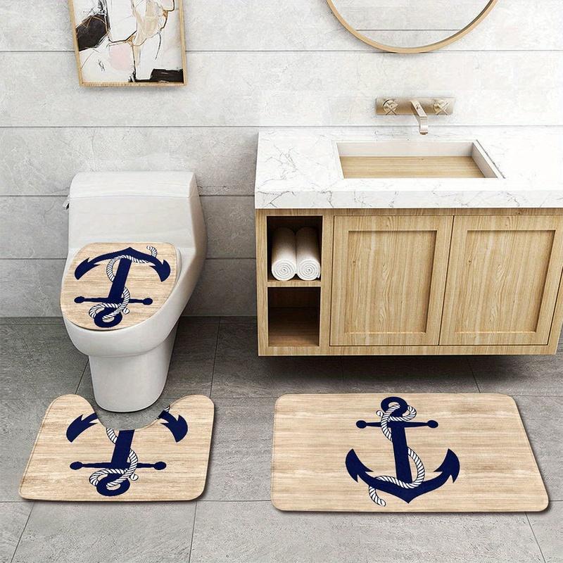 3pcs Sailing Boat Anchor Bathroom Rug Set Non-Slip U-Shaped Mat and Toilet Lid Cover Ocean Nautical Theme Washable Floor Mats