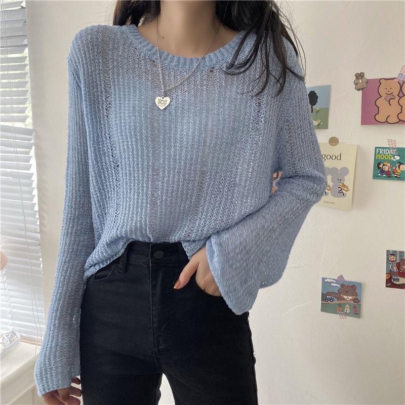 Корейская версия Ice Silk Hollow Knitted Cover Shirt Женский ленивый свободный внешний тонкий пуловер с длинными рукавами свитер