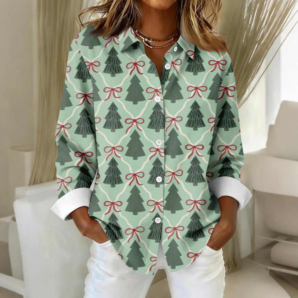 Women's Shirt Blouse Christmas Print Button Long Sleeve Casual Basic Shirt Collar Regular Top