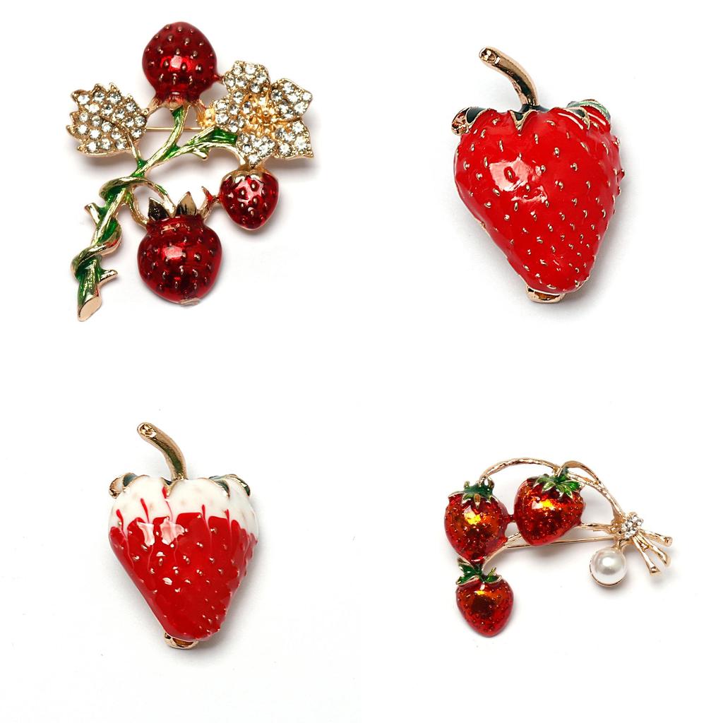 Креативная брошь-клубника с отделкой стразами для модных аксессуаров