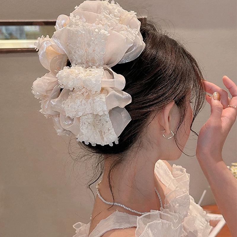 Large Summer Lace Edge Bow Claw Clip Hair Accessory for Women - Multi-Layer Feather Design