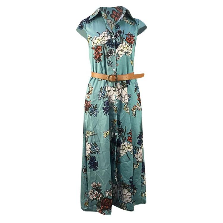 Bohemian Resort Long Dress for Women Ethnic Printed V-Neck Tie Button Retro Style