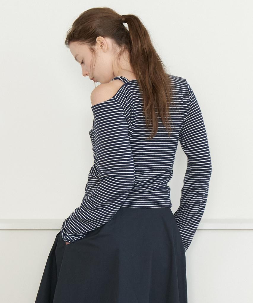 CLUNY Offset Shirring Stripe Top - Navy