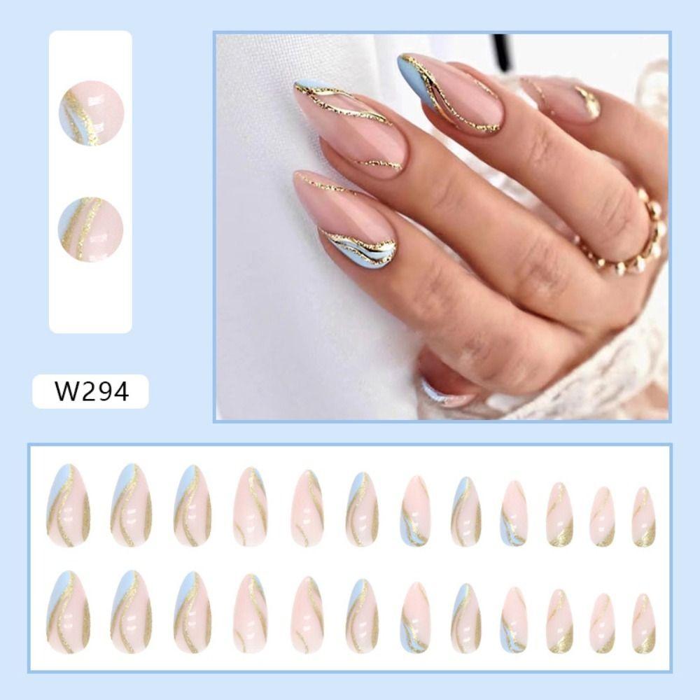 24pcs Nail Tips Press on Nails Fake Nials DIY Four-leaf Clover Long Almond False Nails French