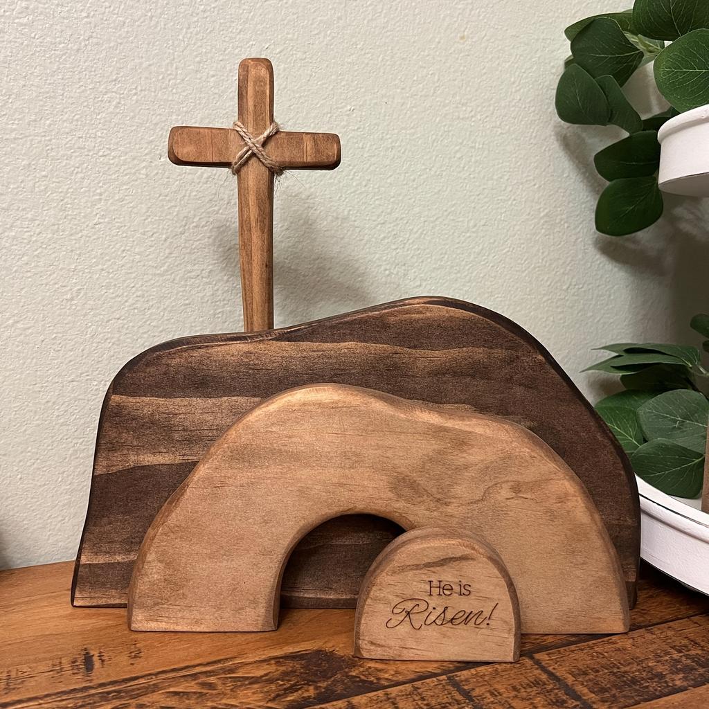 He Is Risen" Wooden Easter Resurrection Scene - Empty Tomb Decor with Cross - Christian Farmhouse Tiered Tray or Fireplace Decoration, Easter Decor