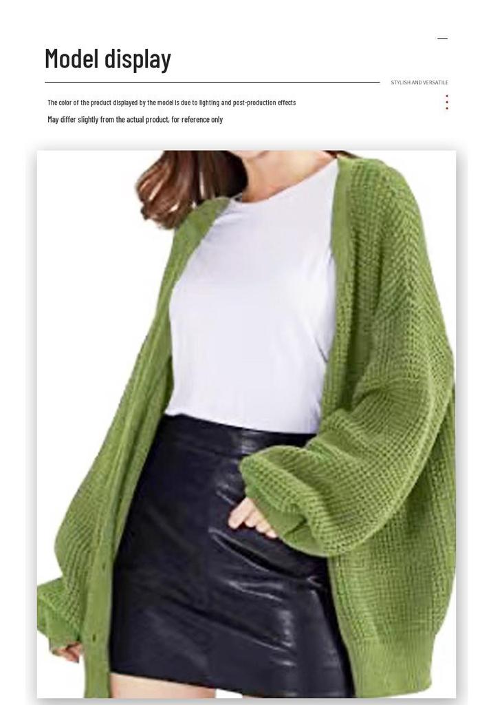 Women's V-Neck Lantern Sleeve Knitted Cardigan Sweater Coat - Single-Breasted Lazy Style