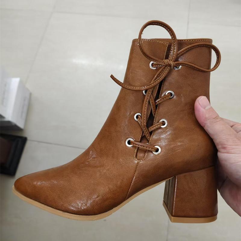 Women Patent Leather Cross Tie Pointed Toe High Heel Ankle Boots Autumn Winter Chelsea Short Boots Office Lady Fashion Shoes