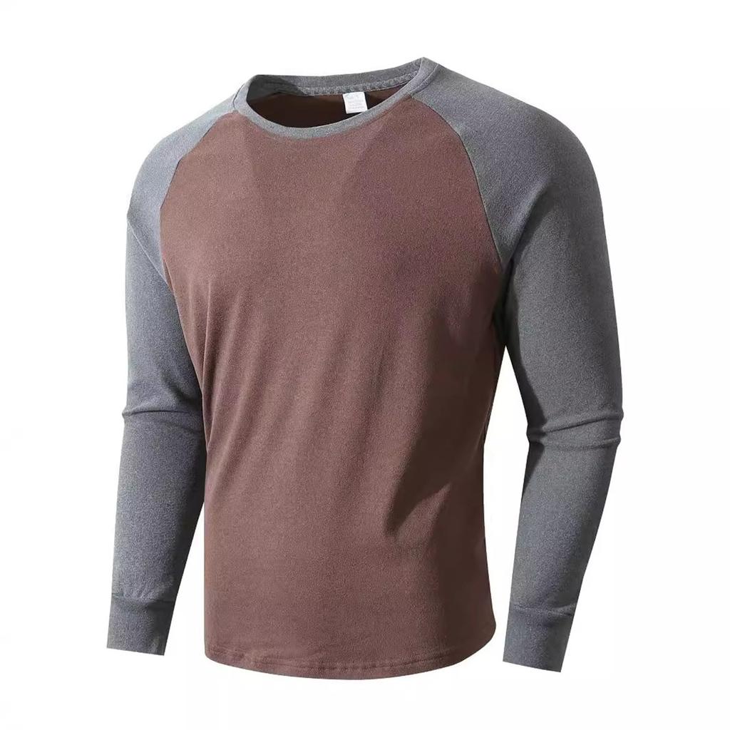 Men's Slim Fit Casual Sports Round Neck Long Sleeve Colorblock Pullover Bottoming Long Sleeve Top