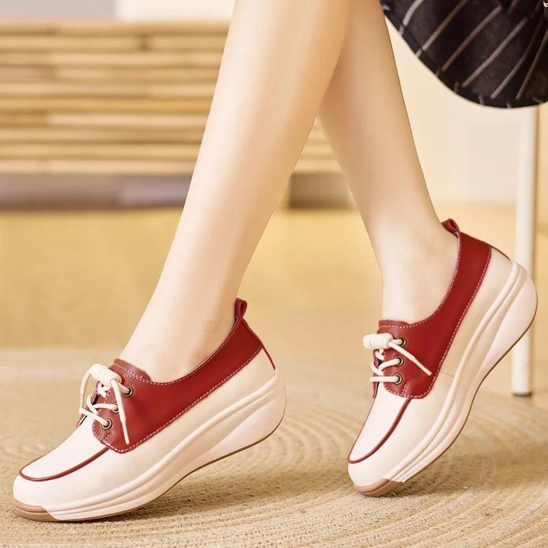 Fashion Women Fashion Platform Flats Sneakers  Autumn Breathable Lace Up Wedge Sport Shoes Comfort Soft Leather Travel Casual Shoes