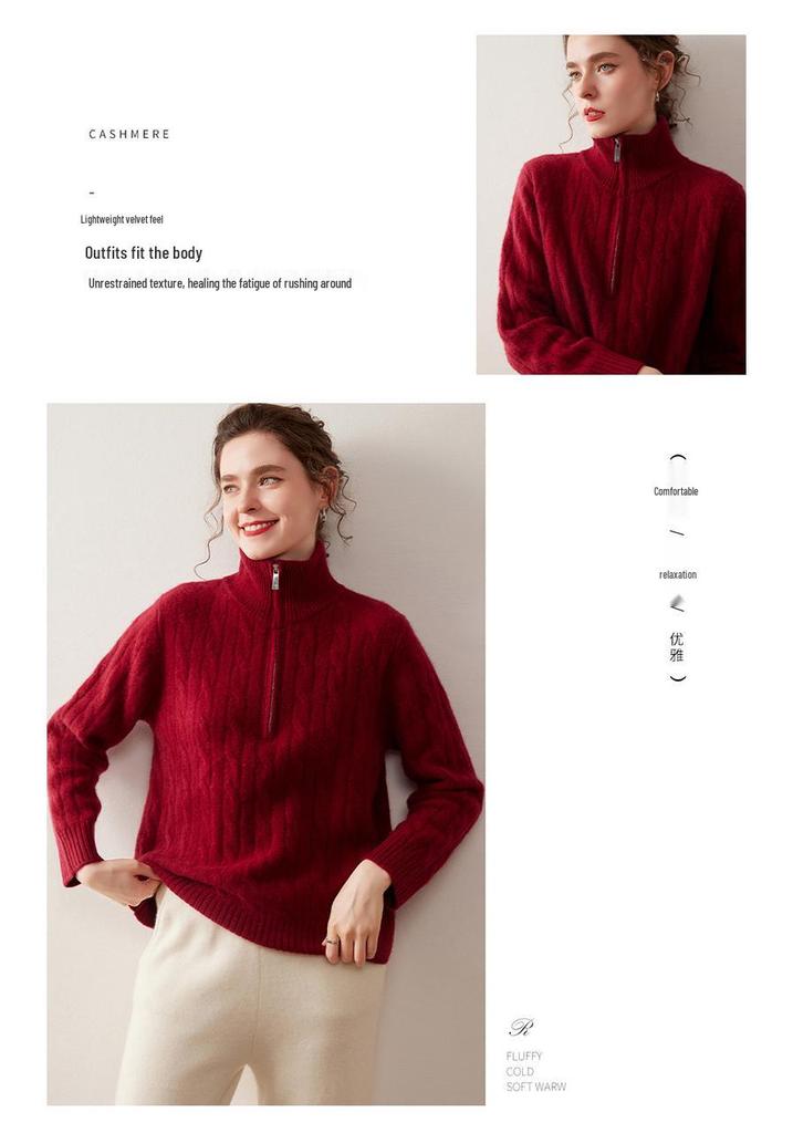Women's Half-Zip Cashmere Sweater - Autumn/Winter Cable Knit, Gentle Style, Half-High Neck Base Layer.
