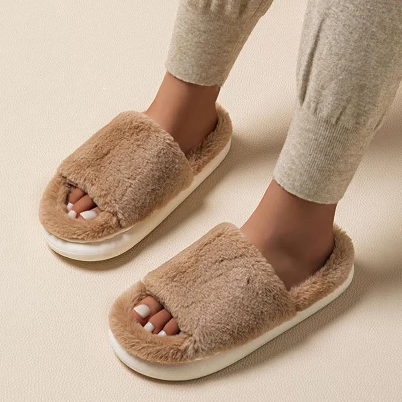Мода Новая Мода Белые Пушистые Тапочки Женские 2025 Зима Теплые Толстая Подошва Домашние Хлопковые Туфли Женские Открытый Носок Искусственный Мех Платформа Тапочки