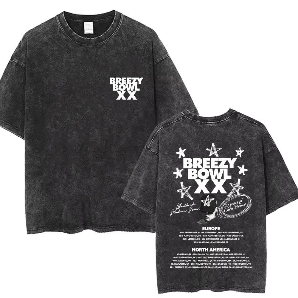 Washed Chris Brown Music Album Cover Print Tshirt Breezy Bowl XX Tour Merch T Shirts Men Women Hip Hop High Quality Tshirt