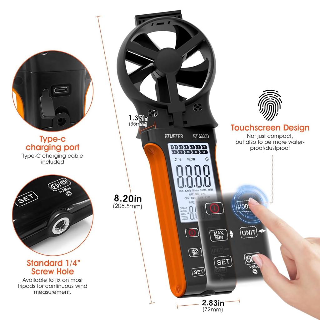 BT-5000D multifunctional anemometer, air volume and temperature measuring instrument with rotatable probe, dustproof, waterproof, rechargeable