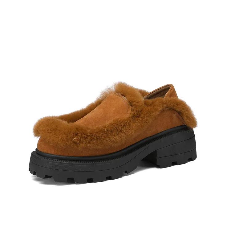 Модные винтажные тапочки из кроличьего меха/шерсти, осенне-зимние плюшевые тапочки, женская мода, черные, коричневые, теплые, для улицы, на высоком каблуке, хлопковые туфли