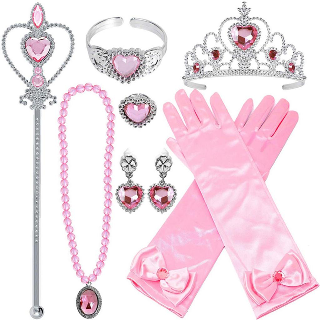 7PCS/Set Princess Love Necklace Set Girls Princess Jewelry Children's Peach Heart With Diamond Crown Wand
