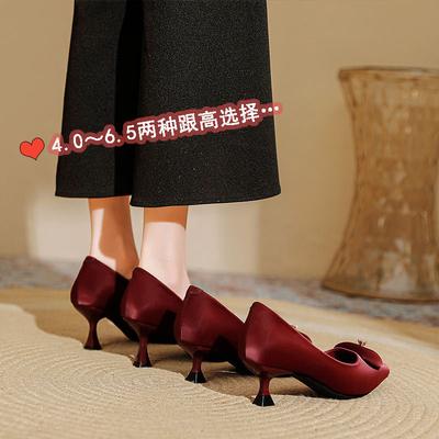 Женские туфли на высоком тонком каблуке, красные свадебные туфли, новые туфли на маленьком каблуке, из мягкой кожи, с мелким вырезом, остроносые одинарные туфли