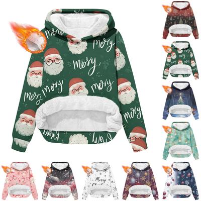 Женская модная повседневная толстовка с длинными рукавами, рождественским принтом, на флисовой подкладке, теплая, с капюшоном