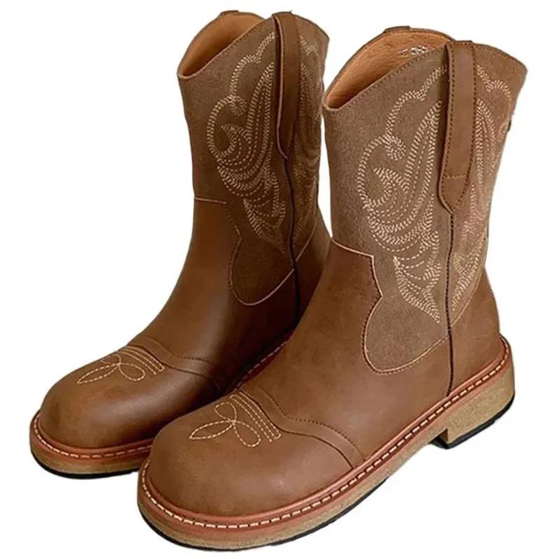 Мода 2024 года, новые кожаные сапоги SyfIyno в стиле вестерн до середины голени с вышивкой, женские осенне-зимние ботильоны, женские сапоги, теплая хлопковая обувь