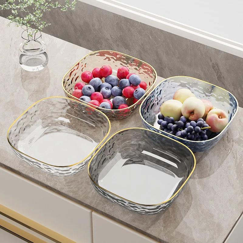 1pc Light Luxury Household Fruit Plate Plastic Transparent Dishes Tray Golden Edge Salad Dessert Biscuit Snacks Plates Tableware