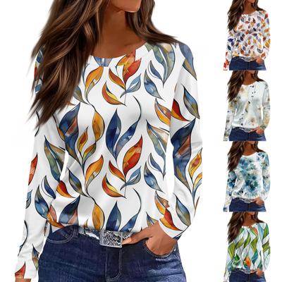 Женская модная повседневная свободная футболка с принтом и круглым вырезом с разрезом и длинным рукавом, женский топ