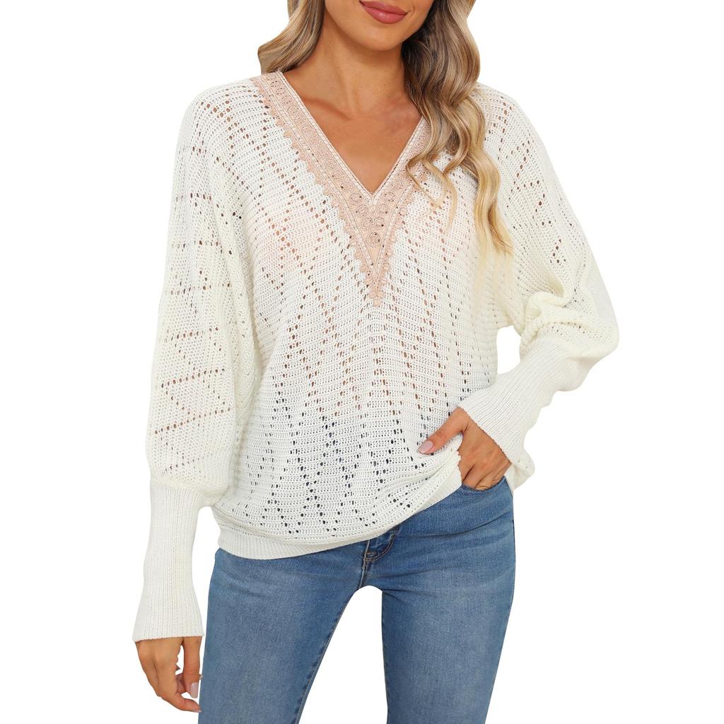 Женский осенне-зимний ажурный тканый свитер с V-образным вырезом и рукавами-сращиваниями