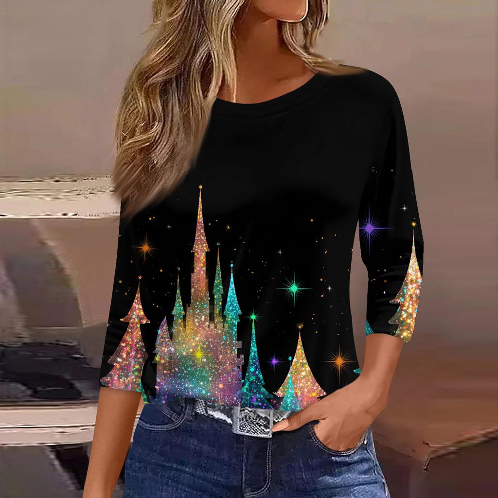 3/4 Length Sleeve Womens Tops Floral Print Vintage Fashion Casual Loose With Round Neck Plus Size Shirts