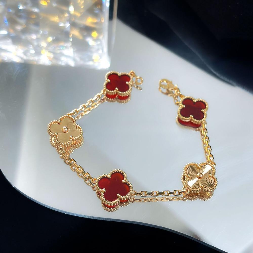 Браслет «Четырехлистный клевер» с пятью цветками, версия High, натуральный фиолетовый халцедон, лазерная CNC-резьба, 18 карат, не тускнеющий, женский браслет