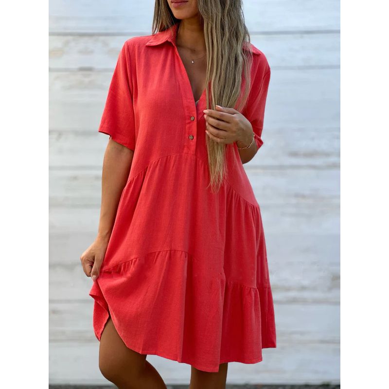 Cotton and Linen Dress2024 European and American Women's Clothing Loose Lapels Casual Short Sleeve Cotton and Linen Dress