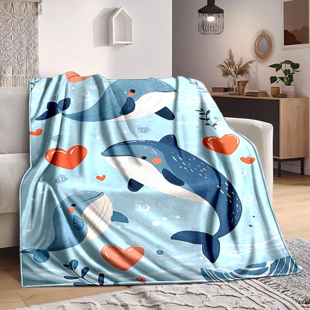 1pc Whale Love Print Blanket Lightweight Flannel Throw Blanket For Sofa, Bed, Living Room, Office, Outdoor Travel, Camping
