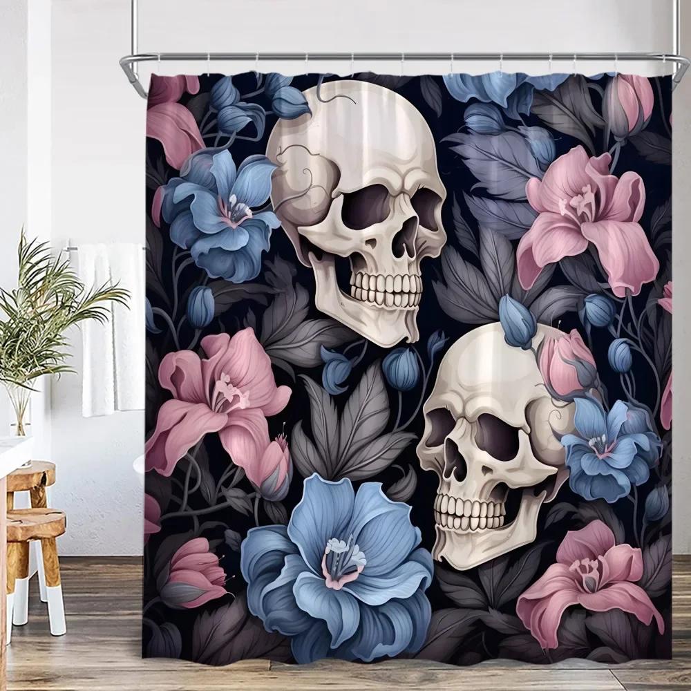 Забавная шторка для душа с костями черепа Хэллоуин Цветок Зеленые листья Украшение для ванной комнаты Винтажный череп Полиэстеровая шторка для душа
