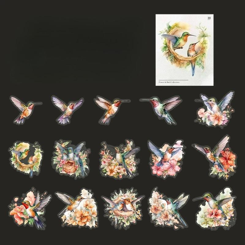 30 Pcs Watercolor Style Flower Birds Stickers Aesthetic Decorative Diary Album Stationery Stick Labels Junk Journal Supplies