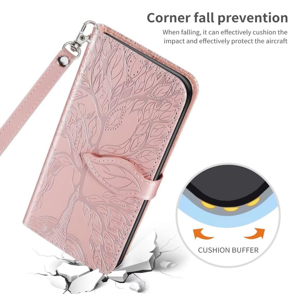 Применимо к чехлу для мобильного телефона iPhone16 из кожи, чехлу-кошельку S25 с тиснением «Древо жизни», чехлу с ремешком, защитному чехлу 17Pro