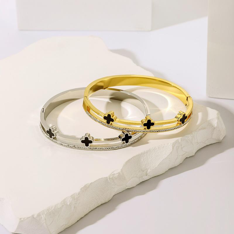 Браслет с четырьмя листьями травы, двойное кольцо, высококачественный бриллиантовый браслет для девочек, титановый стальной наконечник, легкий роскошный браслет