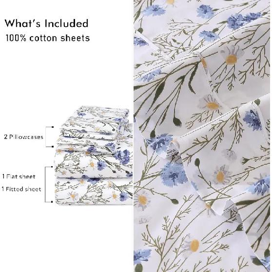 Queen Size Cotton Percale Sheets, Cooling Breathable Floral Design, Durable Soft 4-Piece Set with Deep Pocket