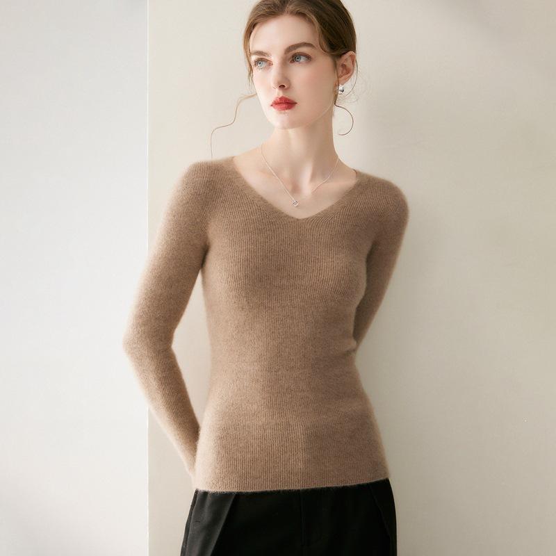 Women's 100% Pure Cashmere Crew/V-Neck Slim Fit Sweater - Soft, Skin-Friendly Knit for Autumn/Winter