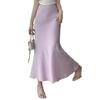 Women Fishtail Skirt High Waist Fishtail Hem Maxi Skirt Solid Color Retro Satin Texture Hip Wrapped Skirt