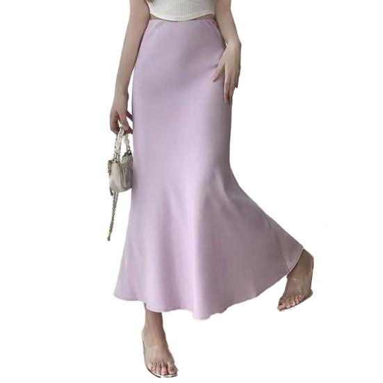 Women Fishtail Skirt High Waist Fishtail Hem Maxi Skirt Solid Color Retro Satin Texture Hip Wrapped Skirt