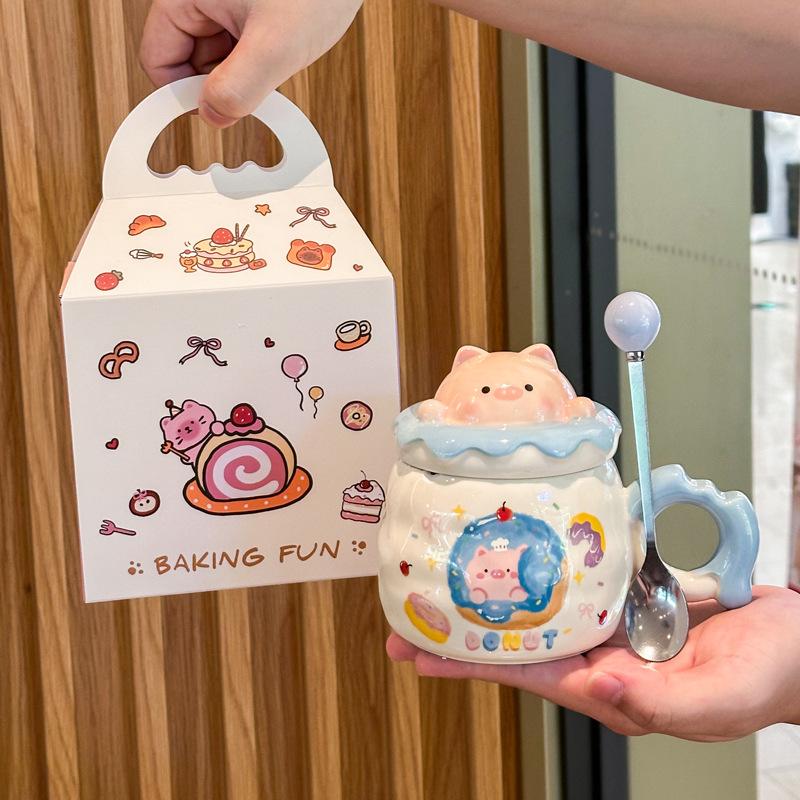 Birthday Gift, Cute Piggy Ceramic Mug with Lid Gift Box, Couple Girlfriend Drinking Cup As a Gift
