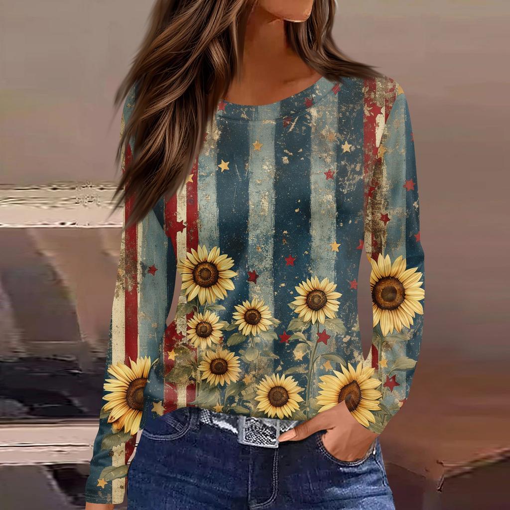 Women's Fashion Slit Hem Independence Day Printed Round Neck Long Sleeve Top