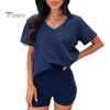 2 шт./комплект женский футболка шорты комплект костюм V-образный вырез короткий рукав однотонный свободный топ высокая талия мини шорты спортивный наряд повседневный спортивный костюм