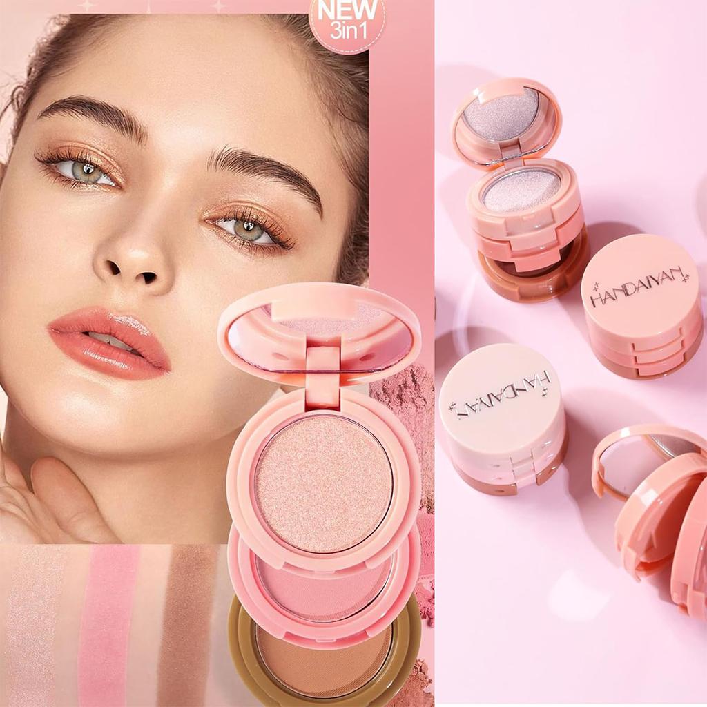 HANDAIYAN 3pcs 3-in-1 Face Makeup Palette Set, Highlighter Blush and Contour Powder Kit, All-in-One Shimmer & Matte Facial Sculpting Compact for Women